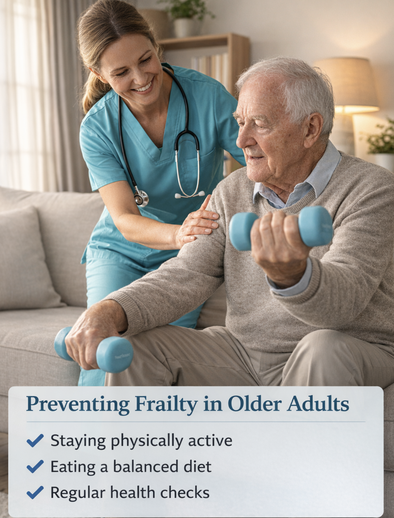 Elderly man doing light dumbbell exercise with a caregiver to prevent frailty and maintain muscle strength in older adults